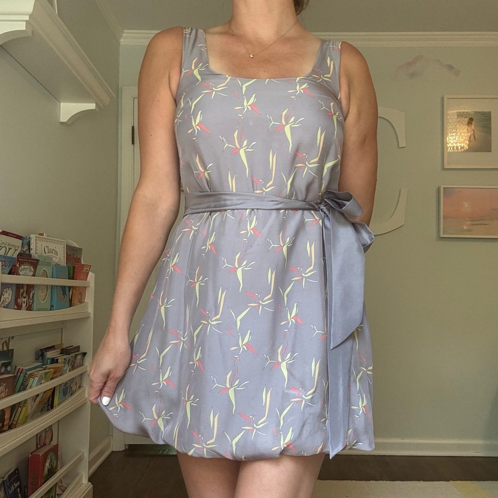 Anthropologie Gray Silk Mini Dress with Floral Accents size 0